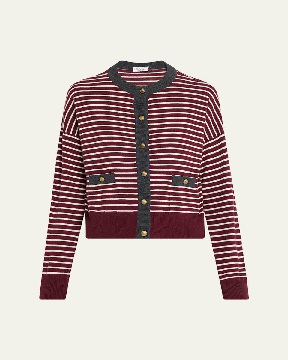 Striped Wool-Cashmere Crewneck Cardigan